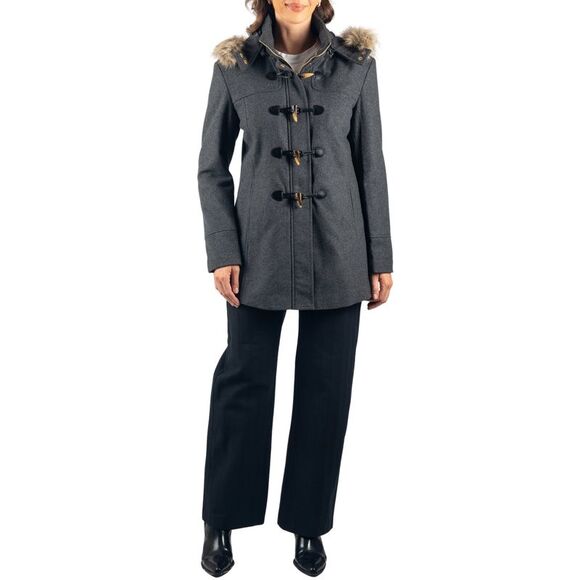 Alpine Swiss Duffy Womens Hooded Parka Fur Trim Wool Coat Toggle Button Jacket - Picture 9 of 10